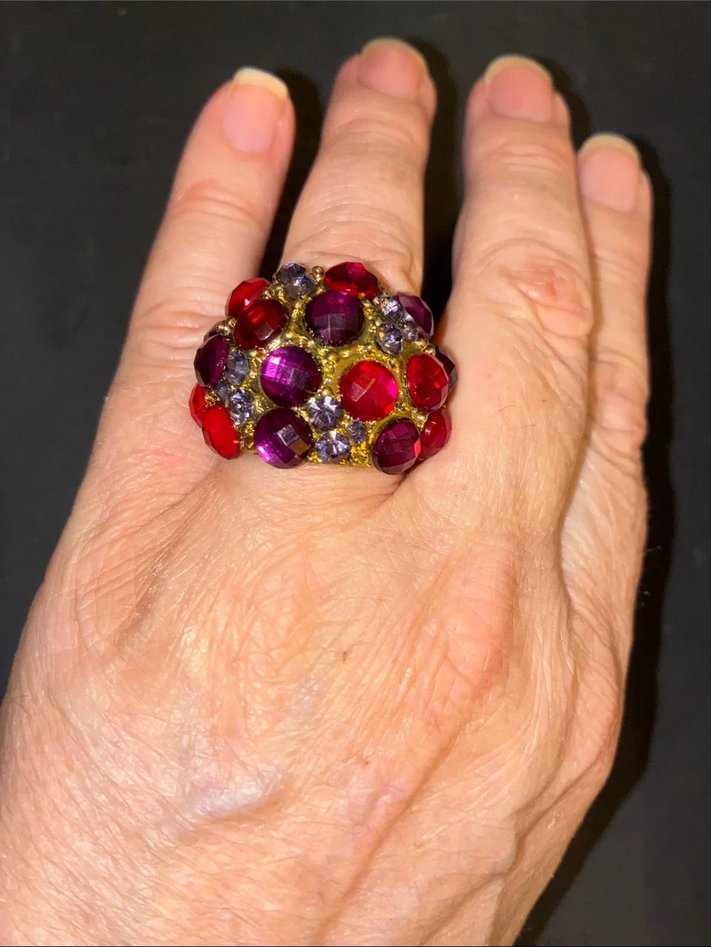 Silver Tone Red & Purple Cluster Statement Stretch Ring